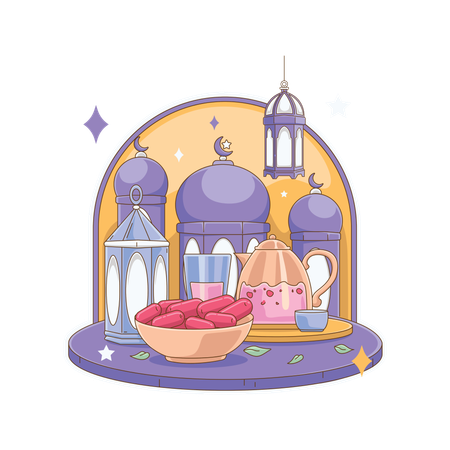 Iftar food and drink in front of mosque  Illustration