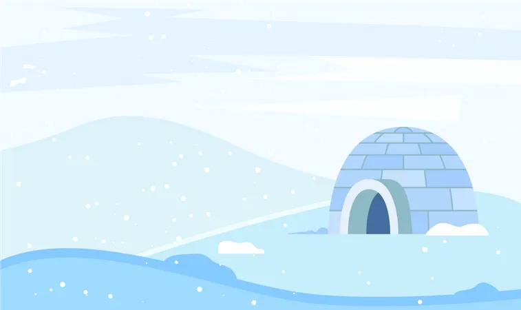 Igloo Made From Ice Bricks By People Housing For Indigenous North Families Snow House Or Hut Single Located On Ground Beautiful Landscape Of Circumpolar Places Vector Illustration In Flat Style Illustration