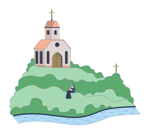 Igreja mosteiro na colina com freira lendo  Ilustração