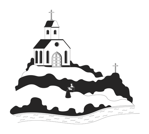 Igreja mosteiro na colina com freira lendo  Ilustração