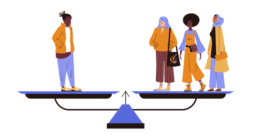 Igualdad de género con personas en la báscula  Ilustración