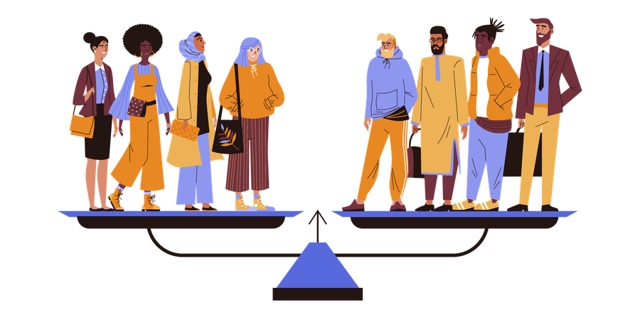 Igualdade de gênero entre homens e mulheres na balança  Ilustração
