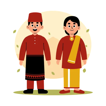 Couple traditionnel des îles Riau en vêtements culturels, îles Riau  Illustration