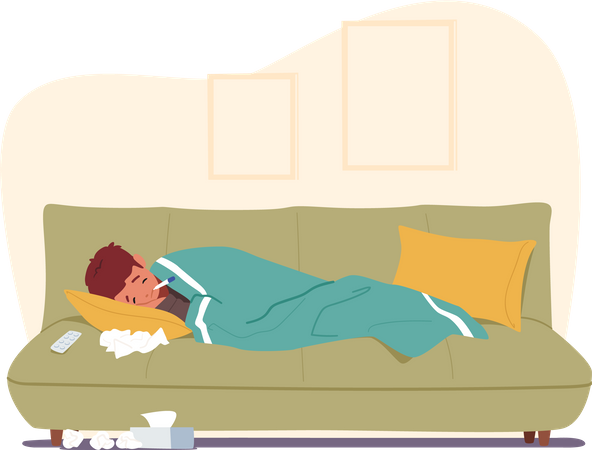 Ill boy sleeping on couch at home  Illustration