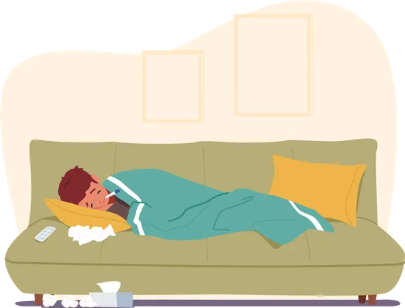 Ill boy sleeping on couch at home  Illustration