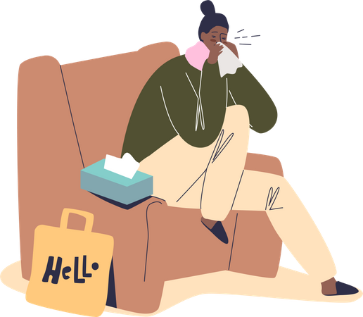 Ill woman with cold sneezing in handkerchief sitting in armchair at home  Illustration