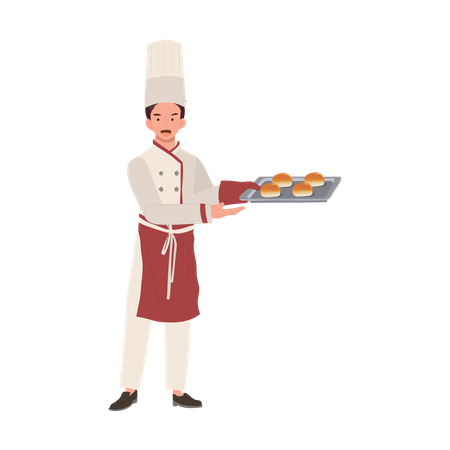 Illustration de chef de boulangerie pleine longueur avec petit pain frais  Illustration