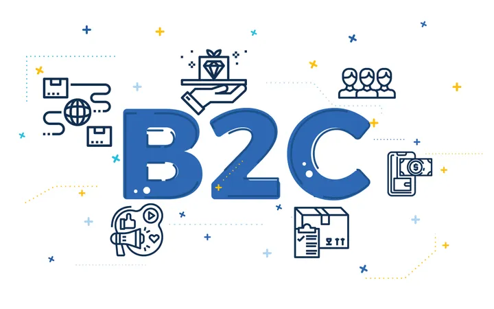 Illustration of business to customer concept (B2C) with outline icons Illustration