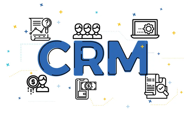 Illustration of customer relationship management concept (CRM) with outline icons Illustration