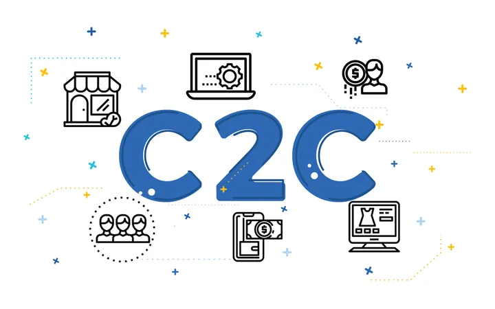 Illustration of customer to customer concept (C2C) with outline icons Illustration