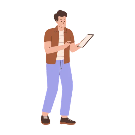 Illustration of Man Using Tablet in Casual Attire  Illustration