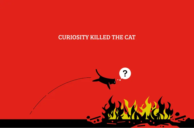 Illustration vectorielle montrant un chat sauter dans un feu et se suicider parce qu'il est curieux et veut savoir ce qu'est le feu  Illustration
