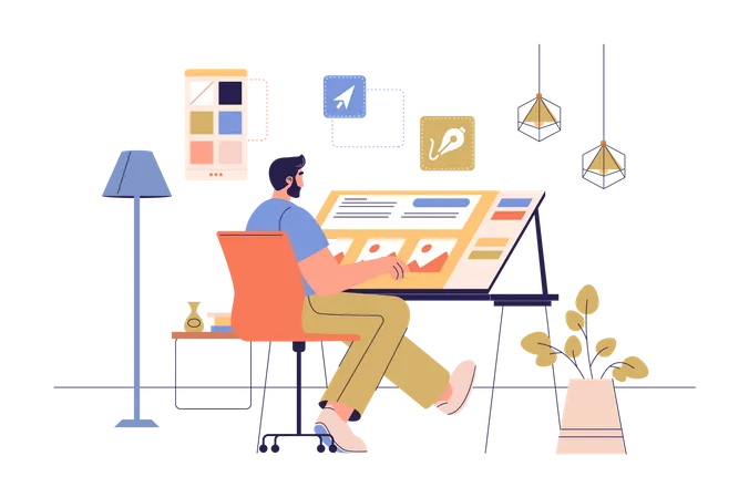 Designer Studio Web Concept With People Scene Illustrator Working At Drawing Table With Pen And Palette Creative Artist Making Content Character Situation In Flat Design Vector Illustration Illustration