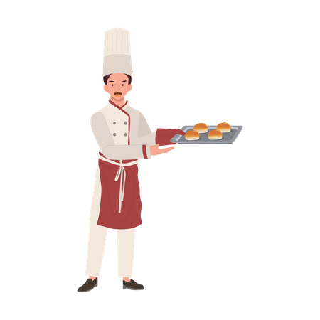 Ilustração completa de chef de padaria com pão fresco assado  Ilustração
