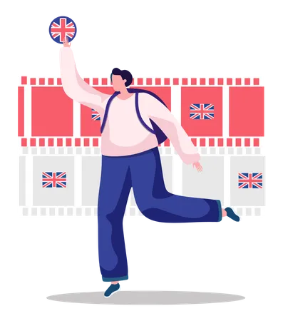 Cursos de língua inglesa. Ilustração com uma mulher segurando a bandeira da Grã-Bretanha e correndo  Ilustração