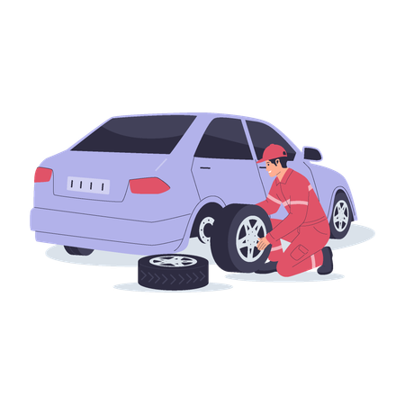 Ilustração de mecânico trocando pneu de carro  Ilustração