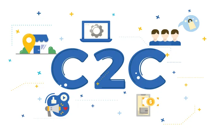 Ilustração do conceito de cliente para cliente (C2C) com ícones planos  Ilustração