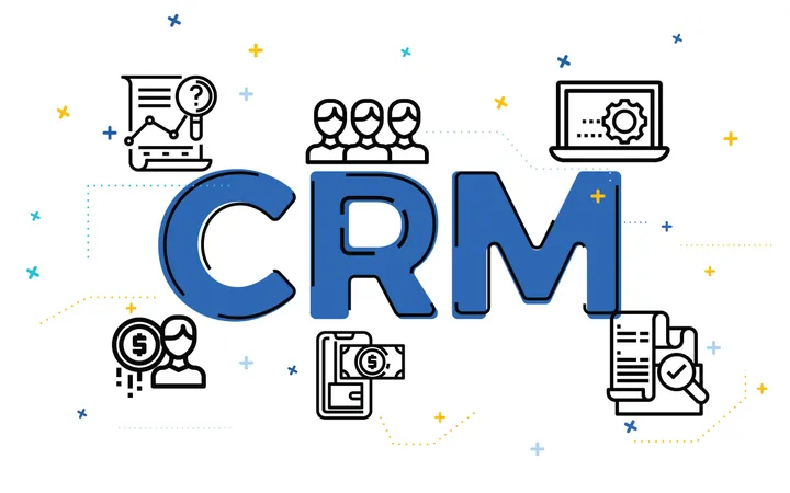 Ilustração do conceito de gerenciamento de relacionamento com o cliente (CRM) com ícones de contorno  Ilustração