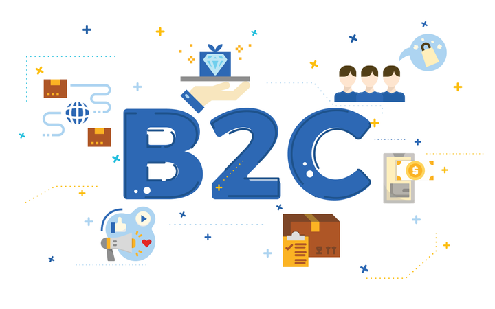 Ilustração do conceito business to customer (B2C) com ícones planos  Ilustração