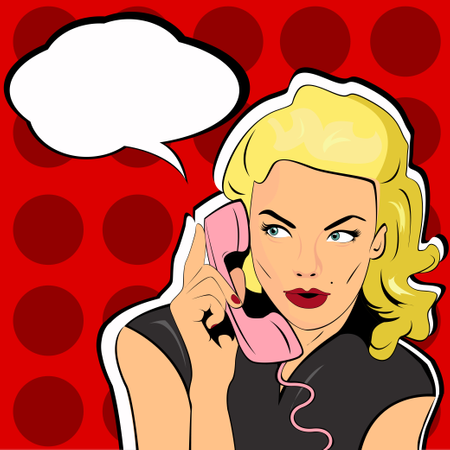 Ilustração pop art de uma mulher com o telefone retrô de formiga de balão de fala  Ilustração