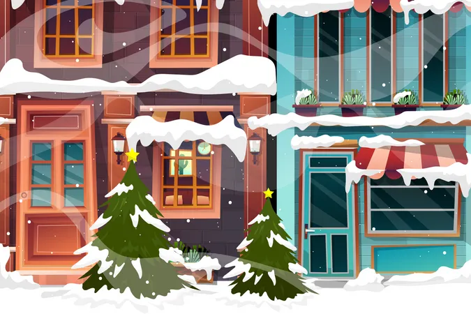 Ilustração vetorial do cenário de inverno da paisagem urbana com árvore de Natal e boneco de neve em queda de neve. Contexto urbano Uma paisagem urbana pacífica coberta de neve por todo o Natal. Cidade de inverno com edifícios nevados.  Ilustração