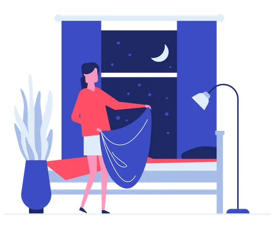 Mulher bonita fazendo cama ilustração vetorial plana  Ilustração