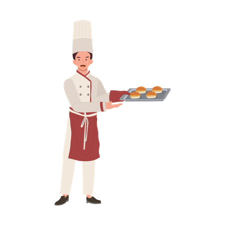 Ilustración de chef de panadería de cuerpo entero con panecillo recién horneado  Ilustración