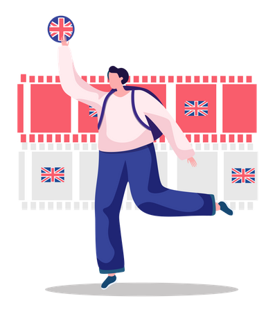 Cursos de idioma inglés. Ilustración con una mujer sosteniendo la bandera de Gran Bretaña y corriendo  Ilustración