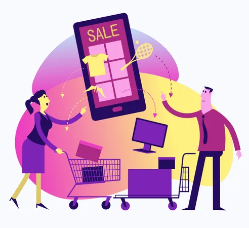 Ilustración de diseño plano para presentación, web, página de inicio: hombre y mujer hacen compras en línea en la tienda web en un teléfono inteligente  Ilustración