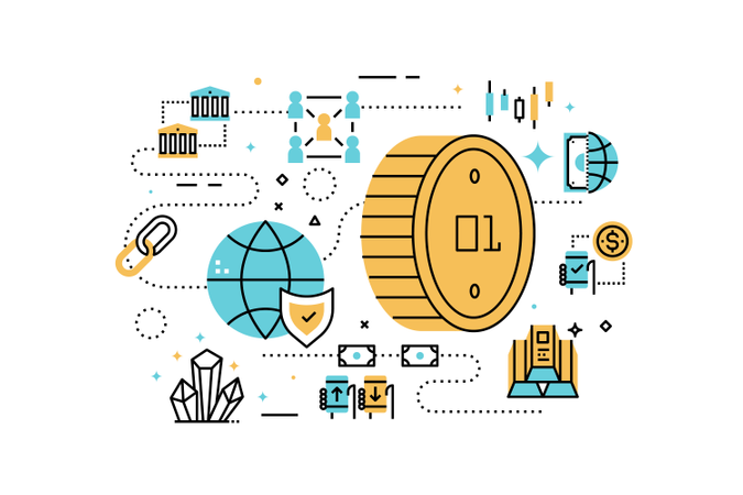 Ilustración de iconos de línea financiera y Bitcoin  Ilustración