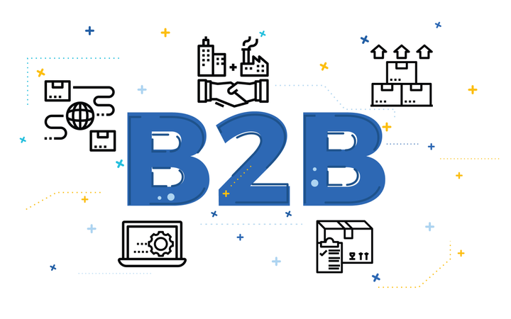 Ilustración del concepto de empresa a empresa (B2B) con iconos de contorno.  Ilustración