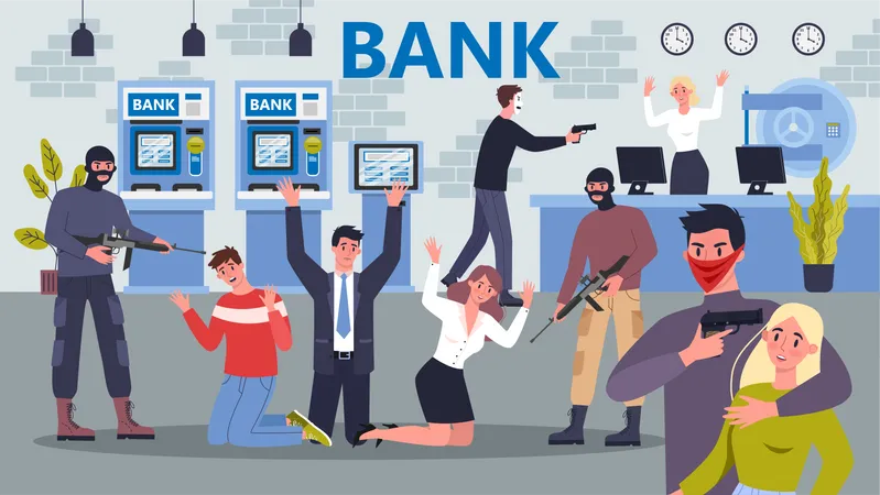 Ilustración estilo caricatura de robo a un banco. Robo en banco.  Ilustración