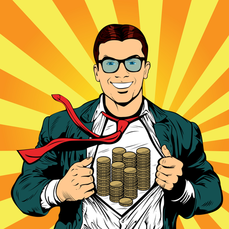 Ilustración retro del arte pop del hombre de negocios del superhéroe  Ilustración