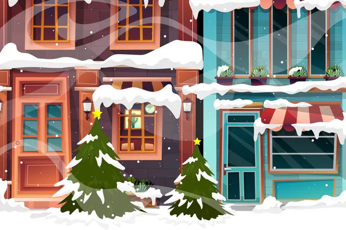 Ilustración vectorial del paisaje invernal del paisaje urbano con árbol de Navidad y muñeco de nieve en las nevadas. Fondo urbano Un paisaje urbano tranquilo rodeado de nieve durante toda la Navidad. Ciudad de invierno con edificios nevados.  Ilustración