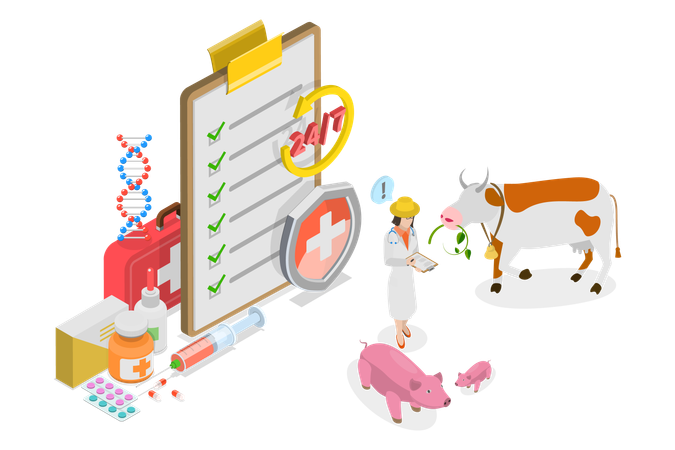 Ilustración de vectores planos isométricos 3D de atención sanitaria, tratamiento y vacunación de animales  Ilustración