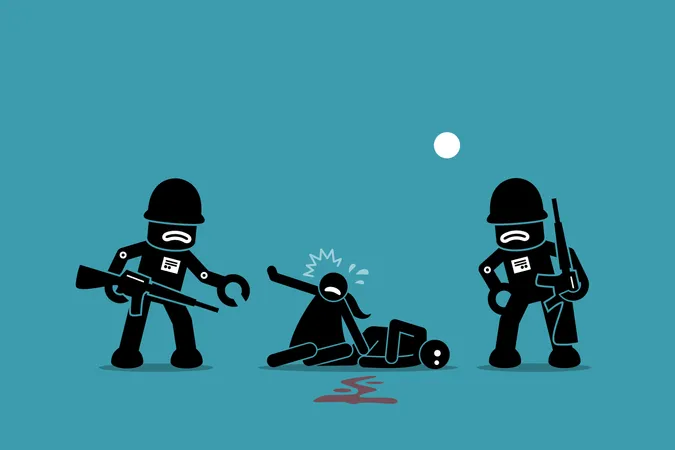 Soldados Robots Conquistando A La Humanidad Terminator Robotico Mata Humanos Con Un Ataque Violento Ilustración