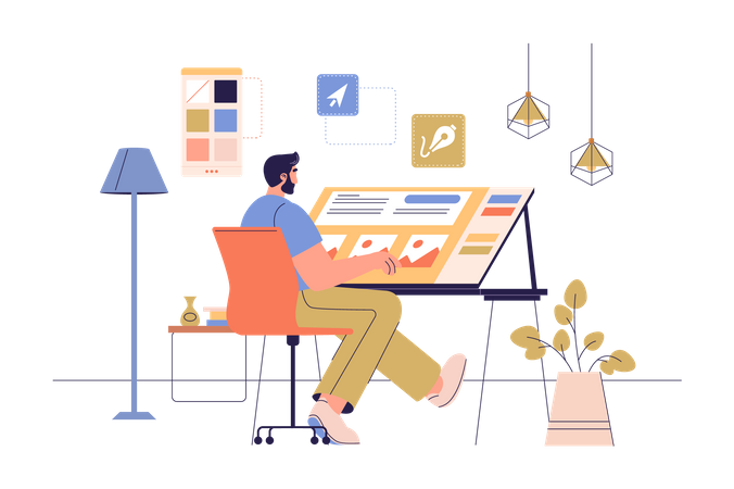 Ilustrador trabajando en una mesa de dibujo.  Illustration