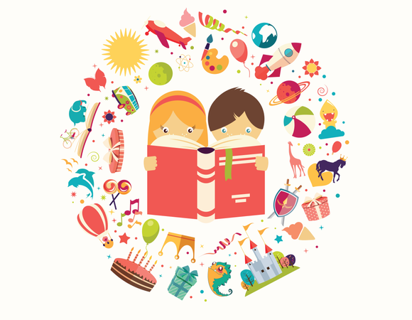 Imagination concept, boy and girl reading a book objects flying out  Illustration