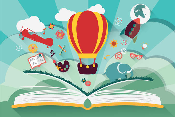 Imagination concept - open book with air balloon, rocket and airplane flying out Illustration