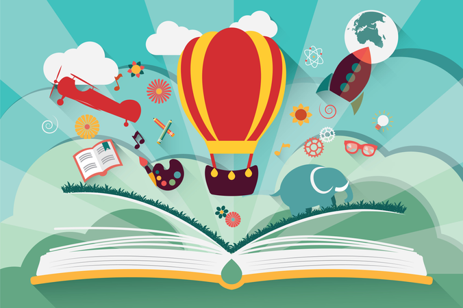 Imagination concept - open book with air balloon, rocket and airplane flying out  Illustration