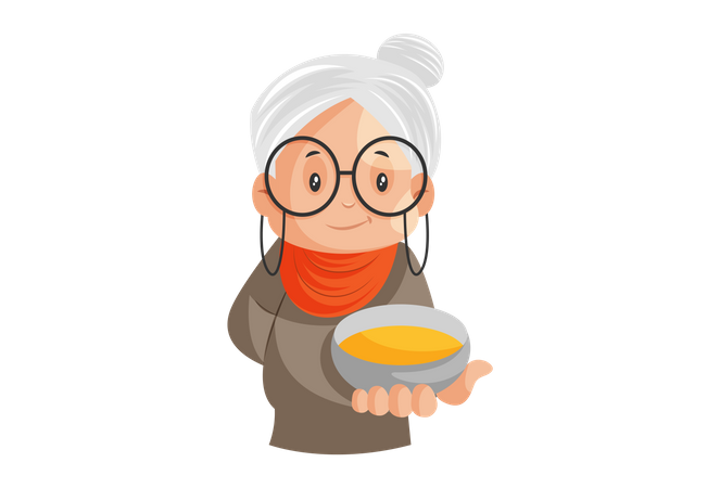 Imdian Grandmother is holding a butter bowl in her hand Illustration
