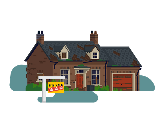 Immobilien- und Grundstücksmarkt mit verlassenem Haus zum Verkauf mit einem großen Rabatt  Illustration