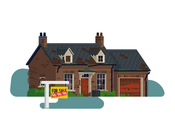 Immobilien- und Grundstücksmarkt mit verlassenem Haus zum Verkauf mit einem großen Rabatt  Illustration