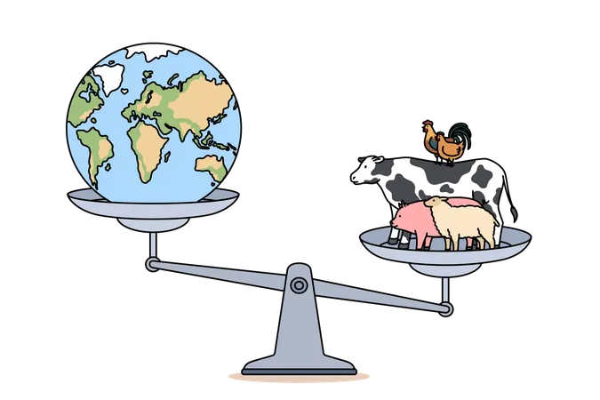 家畜と地球のスケールで示される、農場動物が環境に与える影響  イラスト