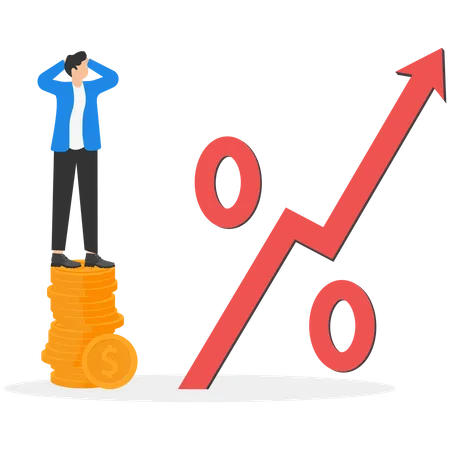 Impact Of Inflation On Income Unfair Wage Compared To Rising Inflation Government Failure In Finance Concept Businessman Standing On Short Coin Stack Looking At Giant Red Rising Percentage Sign Illustration