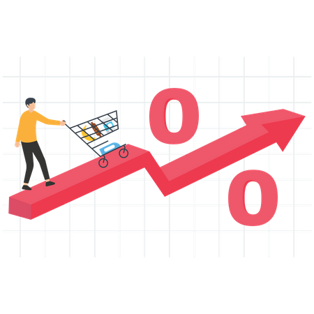 Inflación de los precios de los alimentos, impacto en el crecimiento económico, aumento de los precios de los comestibles, precios de las materias primas y bienes de consumo aumentaron debido al aumento de la inflación  Ilustración