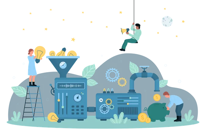 Cartoon Tiny People Monetize Idea By Throwing Light Bulbs Into Funnel Of Money Making Equipment Saving Golden Coins In Piggy Bank Implementation And Monetization Of Ideas Set Vector Illustration イラスト