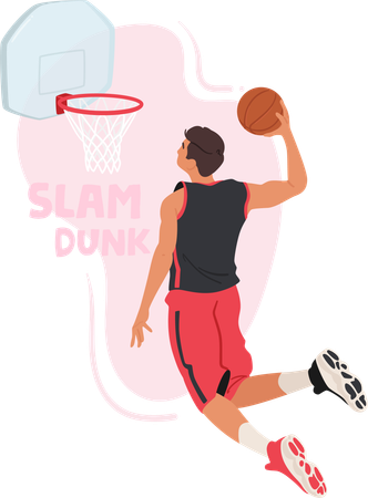Personagem masculino imponente de jogador de basquete voa pelo ar  Ilustração