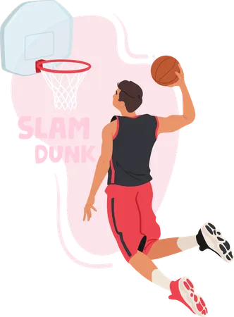 Personagem masculino imponente de jogador de basquete voa pelo ar  Ilustração