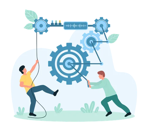 Change Improve Work Of Digital Business Project Vector Illustration Cartoon Tiny People Spin Cogwheels And Move Gears Turning Wheels For Better Machine Operation Success Teamwork Cooperation Illustration